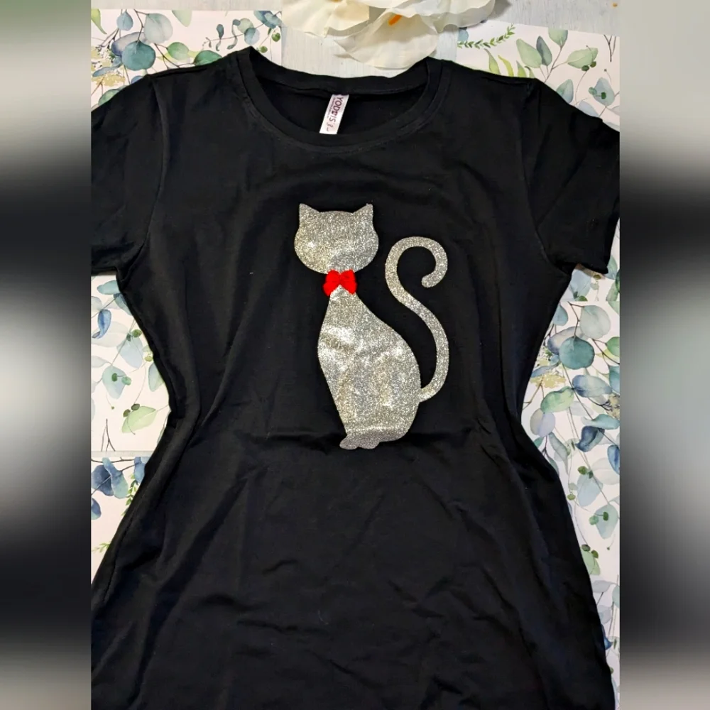 Black Cat T-Shirt with Silver Glitter Design